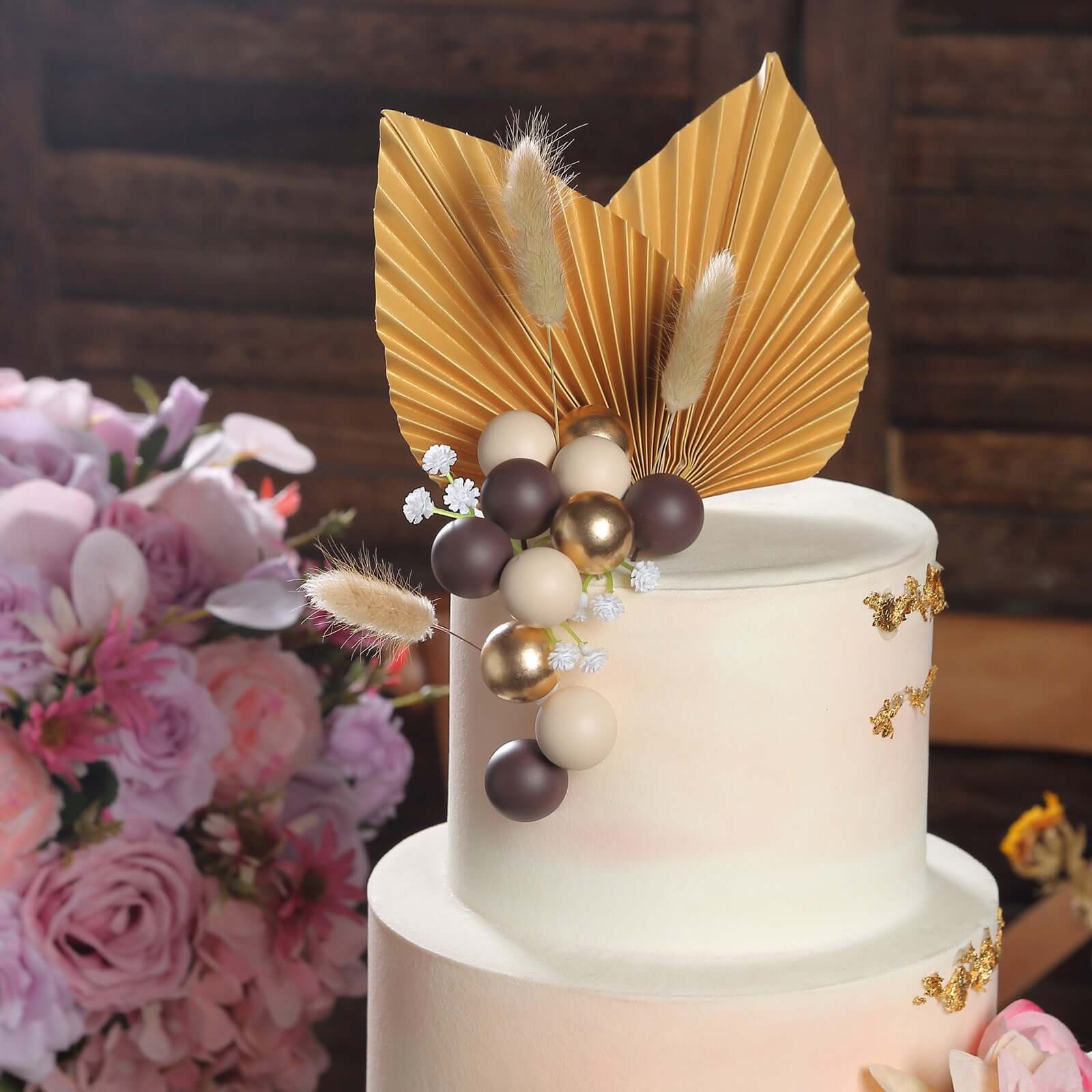 25 - Pack Cake Toppers Gold Boho Style Palm Leaf and Flower Ball Design - Coffee Ball Cake Decoration Set Assorted - Bell Racket Store
