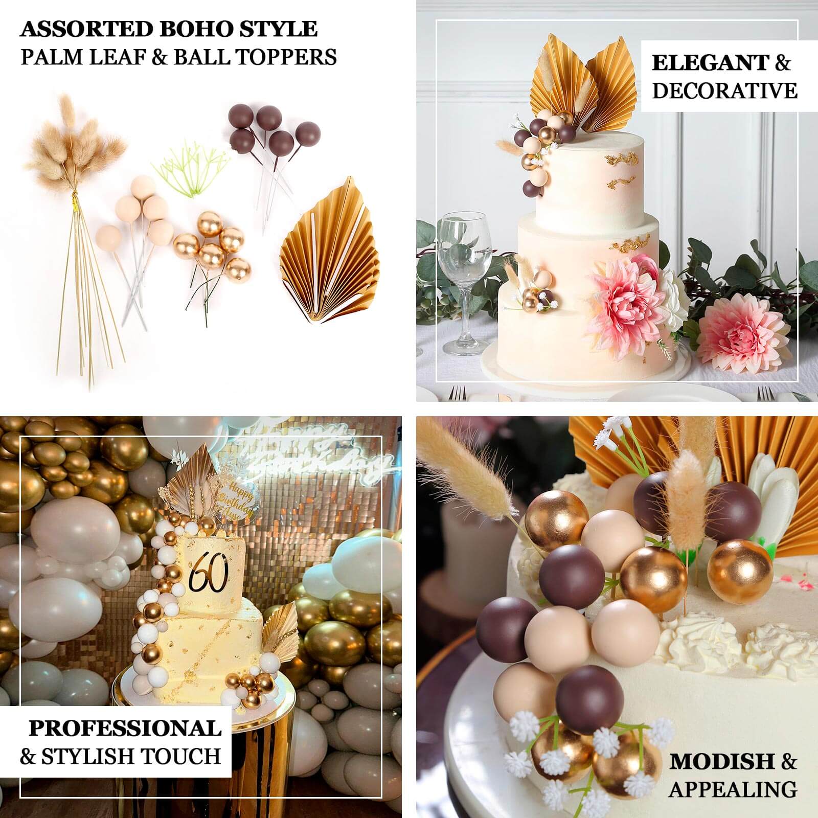 25 - Pack Cake Toppers Gold Boho Style Palm Leaf and Flower Ball Design - Coffee Ball Cake Decoration Set Assorted - Bell Racket Store