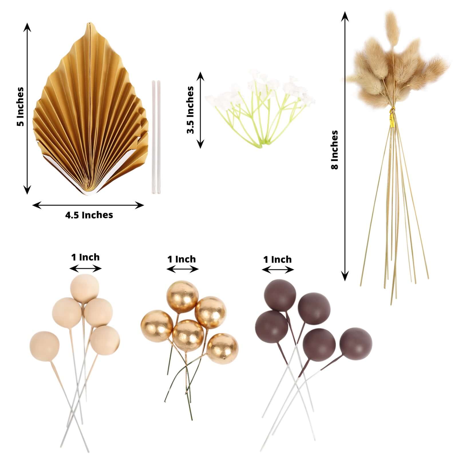 25 - Pack Cake Toppers Gold Boho Style Palm Leaf and Flower Ball Design - Coffee Ball Cake Decoration Set Assorted - Bell Racket Store