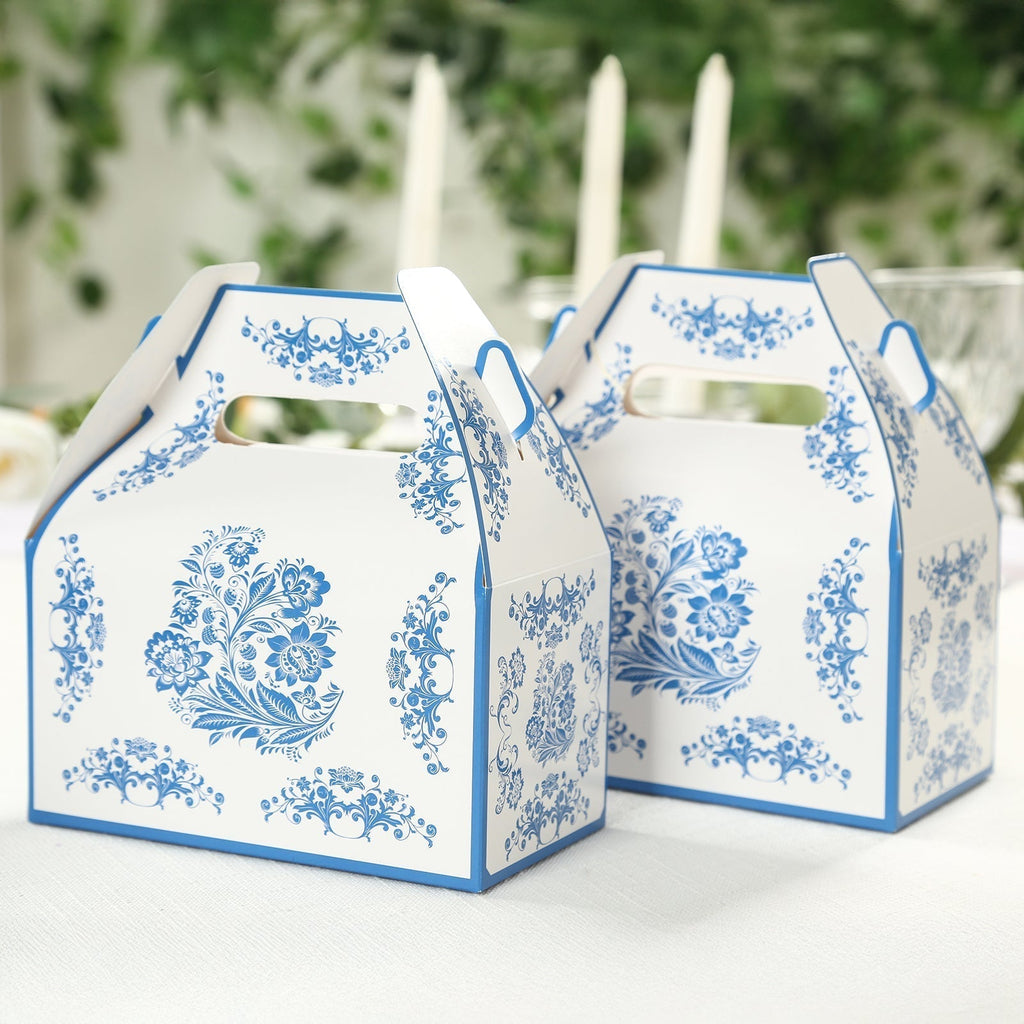 25 Pack Candy Gift Tote Gable Boxes in White Royal Blue Damask Floral Pattern, Party Favor Treat Boxes - 6"x3.5"x7" - Bell Racket Store