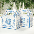 25 Pack Candy Gift Tote Gable Boxes in White Royal Blue Damask Floral Pattern, Party Favor Treat Boxes - 6"x3.5"x7" - Bell Racket Store