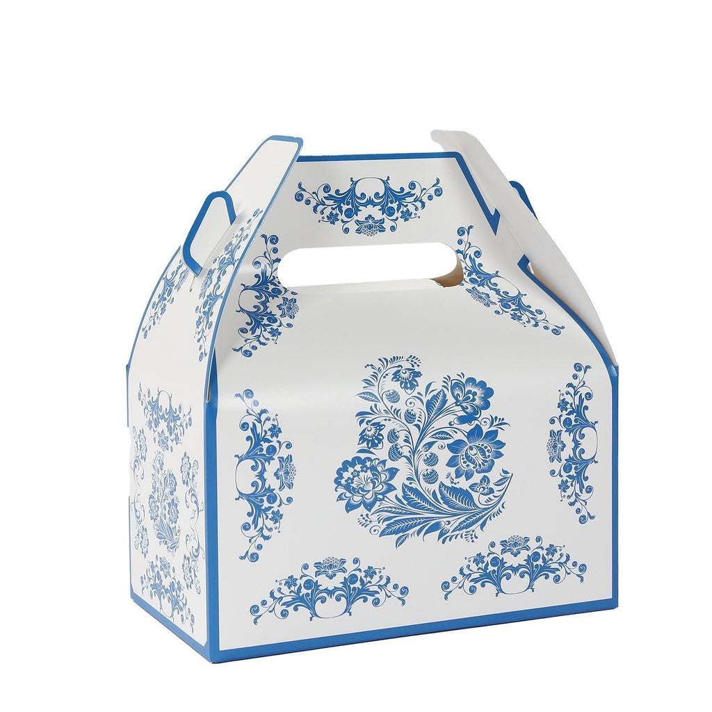 25 Pack Candy Gift Tote Gable Boxes in White Royal Blue Damask Floral Pattern, Party Favor Treat Boxes - 6"x3.5"x7" - Bell Racket Store