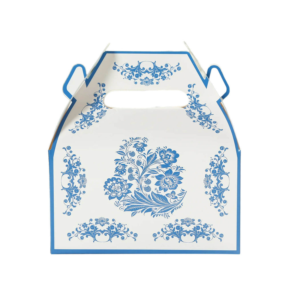 25 Pack Candy Gift Tote Gable Boxes in White Royal Blue Damask Floral Pattern, Party Favor Treat Boxes - 6"x3.5"x7" - Bell Racket Store