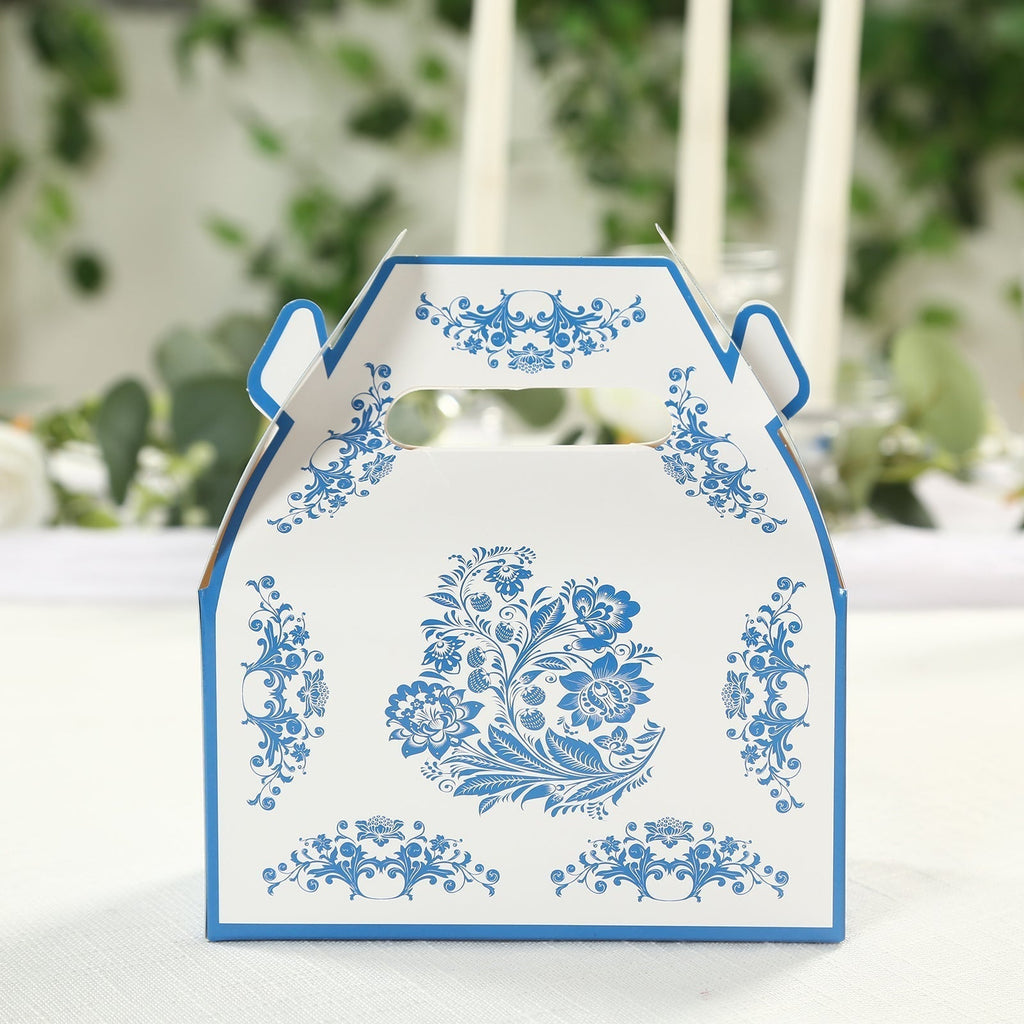25 Pack Candy Gift Tote Gable Boxes in White Royal Blue Damask Floral Pattern, Party Favor Treat Boxes - 6"x3.5"x7" - Bell Racket Store