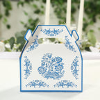 25 Pack Candy Gift Tote Gable Boxes in White Royal Blue Damask Floral Pattern, Party Favor Treat Boxes - 6"x3.5"x7" - Bell Racket Store