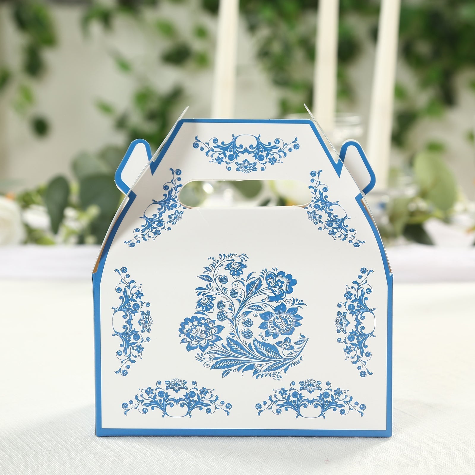 25 Pack Candy Gift Tote Gable Boxes in White Royal Blue Damask Floral Pattern, Party Favor Treat Boxes - 6"x3.5"x7" - Bell Racket Store