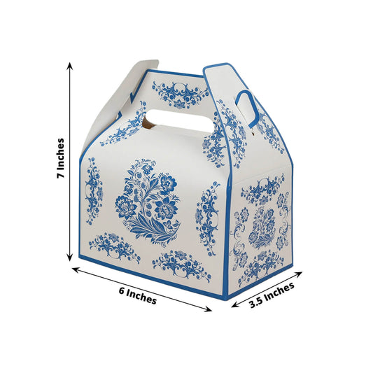 25 Pack Candy Gift Tote Gable Boxes in White Royal Blue Damask Floral Pattern, Party Favor Treat Boxes - 6"x3.5"x7" - Bell Racket Store