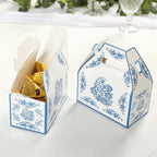 25 Pack Candy Gift Tote Gable Boxes in White Royal Blue Damask Floral Pattern, Party Favor Treat Boxes - 6"x3.5"x7" - Bell Racket Store