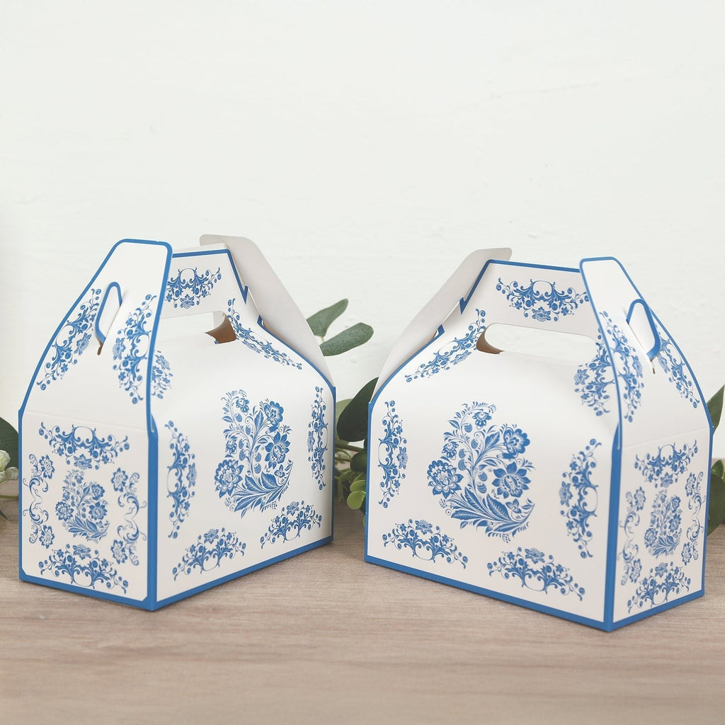 25 Pack Candy Gift Tote Gable Boxes in White Royal Blue Damask Floral Pattern, Party Favor Treat Boxes - 6"x3.5"x7" - Bell Racket Store
