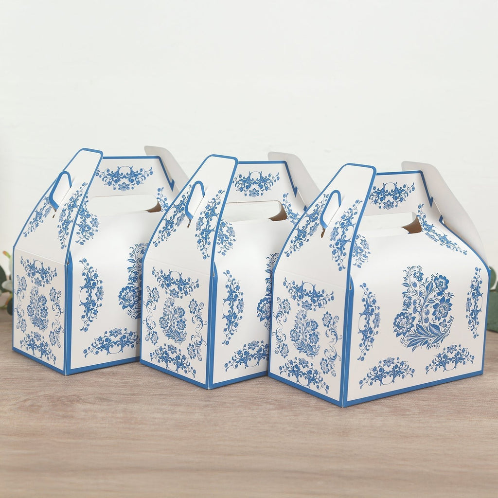 25 Pack Candy Gift Tote Gable Boxes in White Royal Blue Damask Floral Pattern, Party Favor Treat Boxes - 6"x3.5"x7" - Bell Racket Store