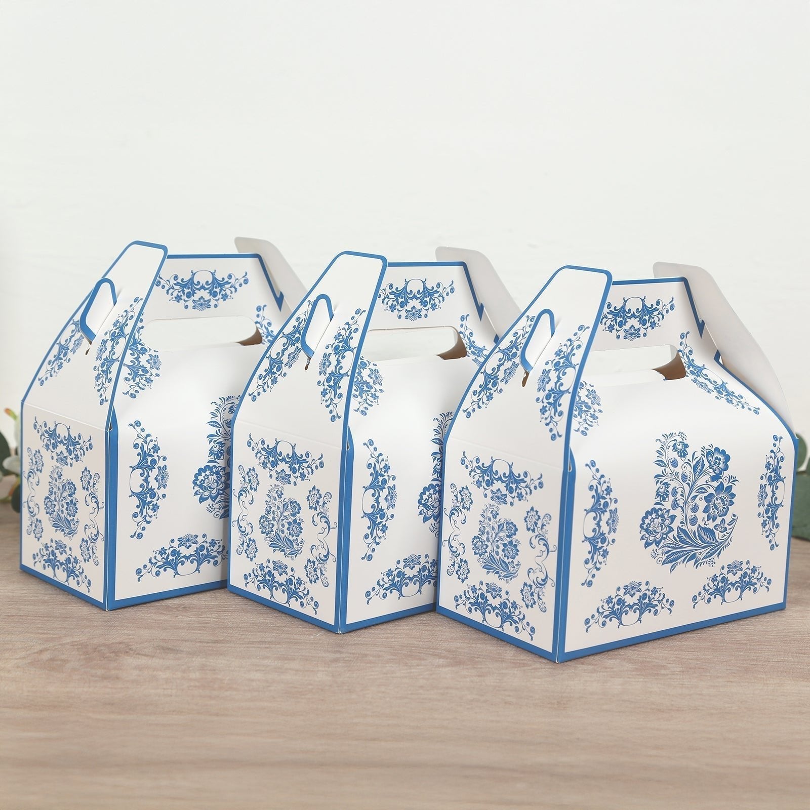 25 Pack Candy Gift Tote Gable Boxes in White Royal Blue Damask Floral Pattern, Party Favor Treat Boxes - 6"x3.5"x7" - Bell Racket Store