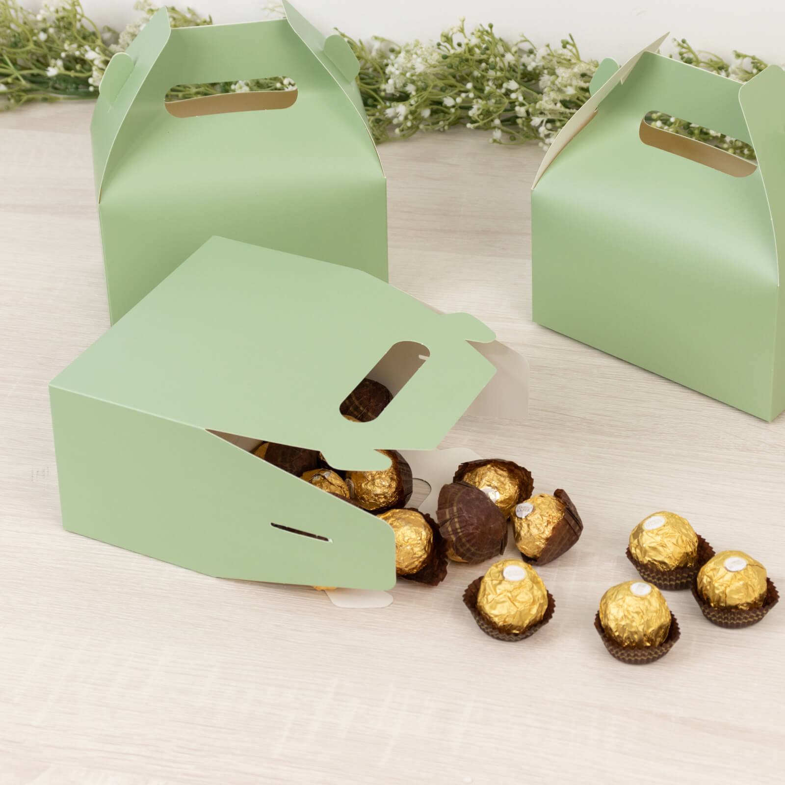 25 Pack Candy Gift Tote Gable Boxes, Matte Sage Green Party Favor Treat Boxes - 6"x3.5"x7" - Bell Racket Store
