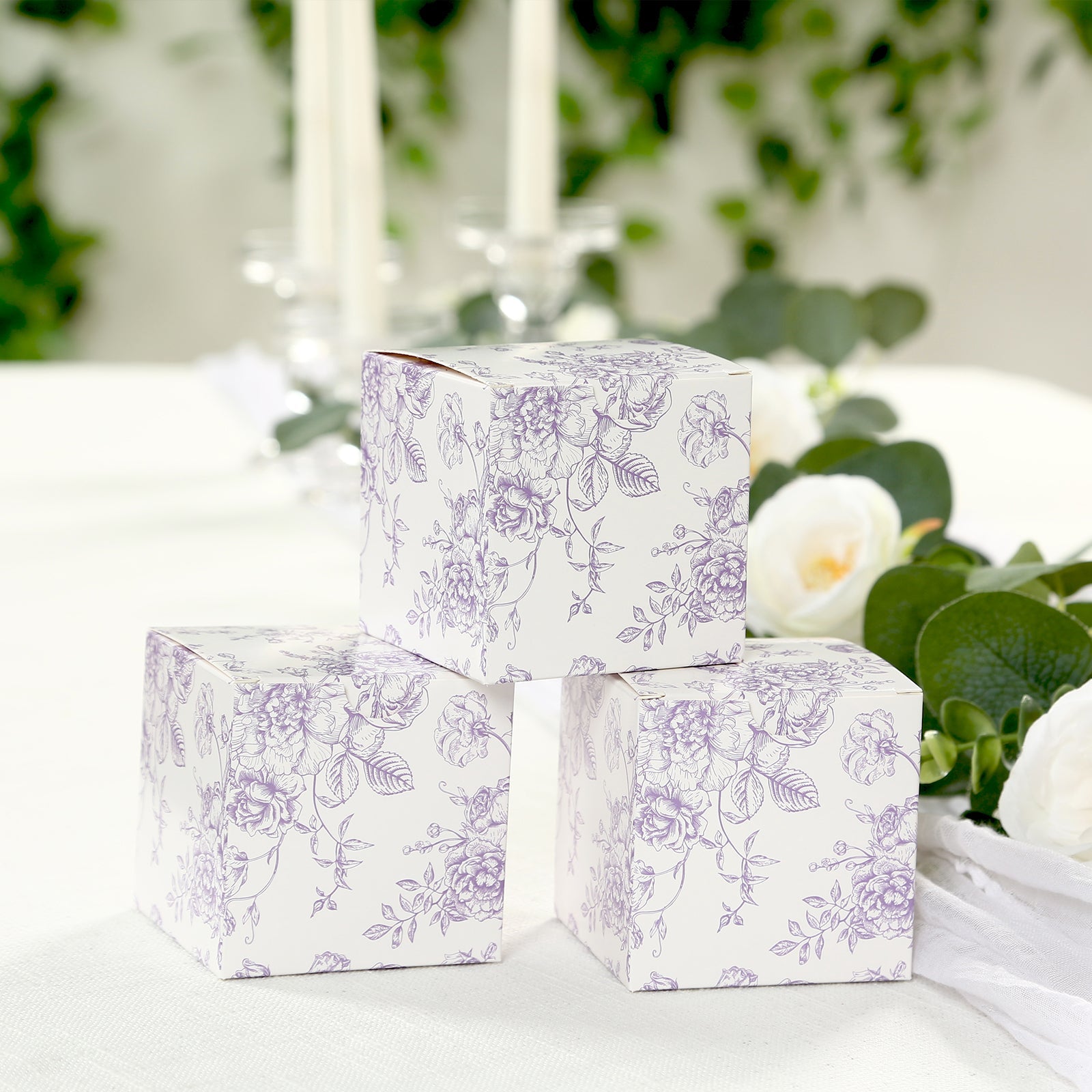 25 Pack Candy Treat Favor Boxes in French Toile Pattern - Matte Lavender and White Party Gift Boxes, Cardstock Paper - 3"x3" - Bell Racket Store