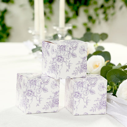 25 Pack Candy Treat Favor Boxes in French Toile Pattern - Matte Lavender and White Party Gift Boxes, Cardstock Paper - 3"x3" - Bell Racket Store