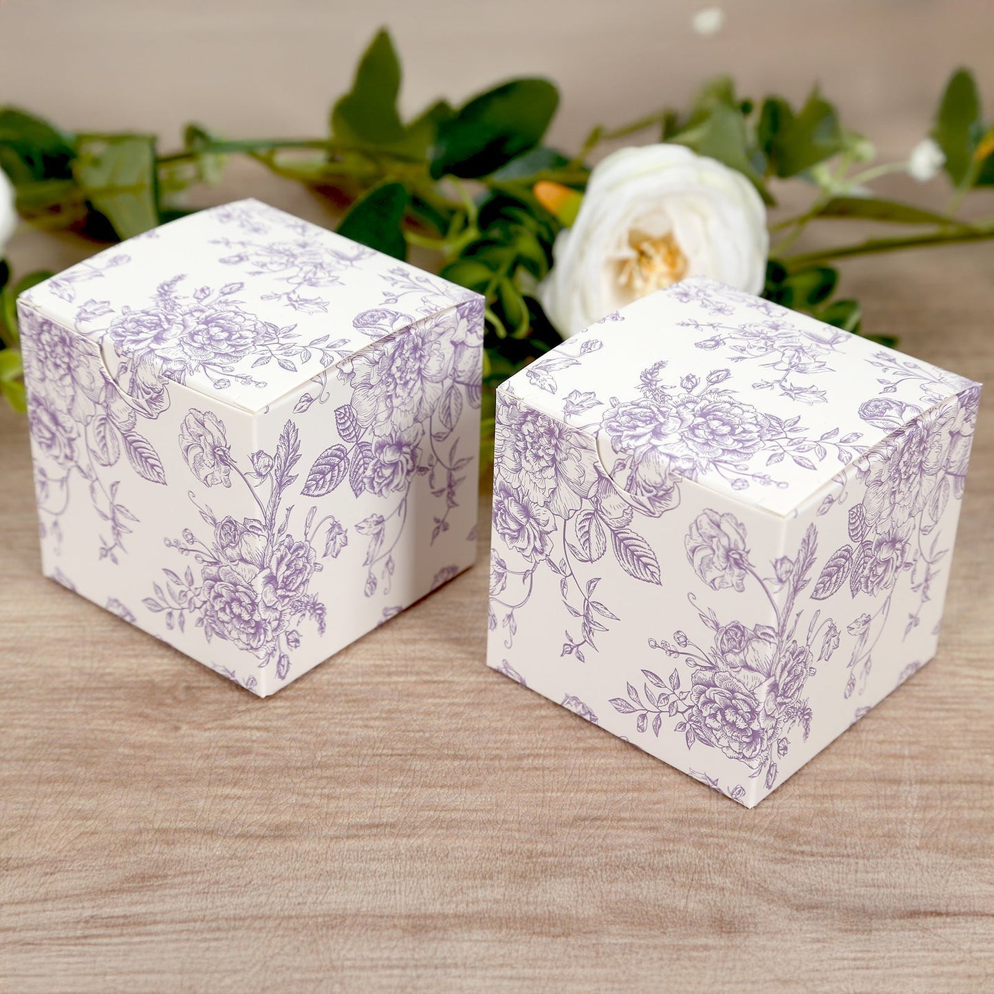 25 Pack Candy Treat Favor Boxes in French Toile Pattern - Matte Lavender and White Party Gift Boxes, Cardstock Paper - 3"x3" - Bell Racket Store