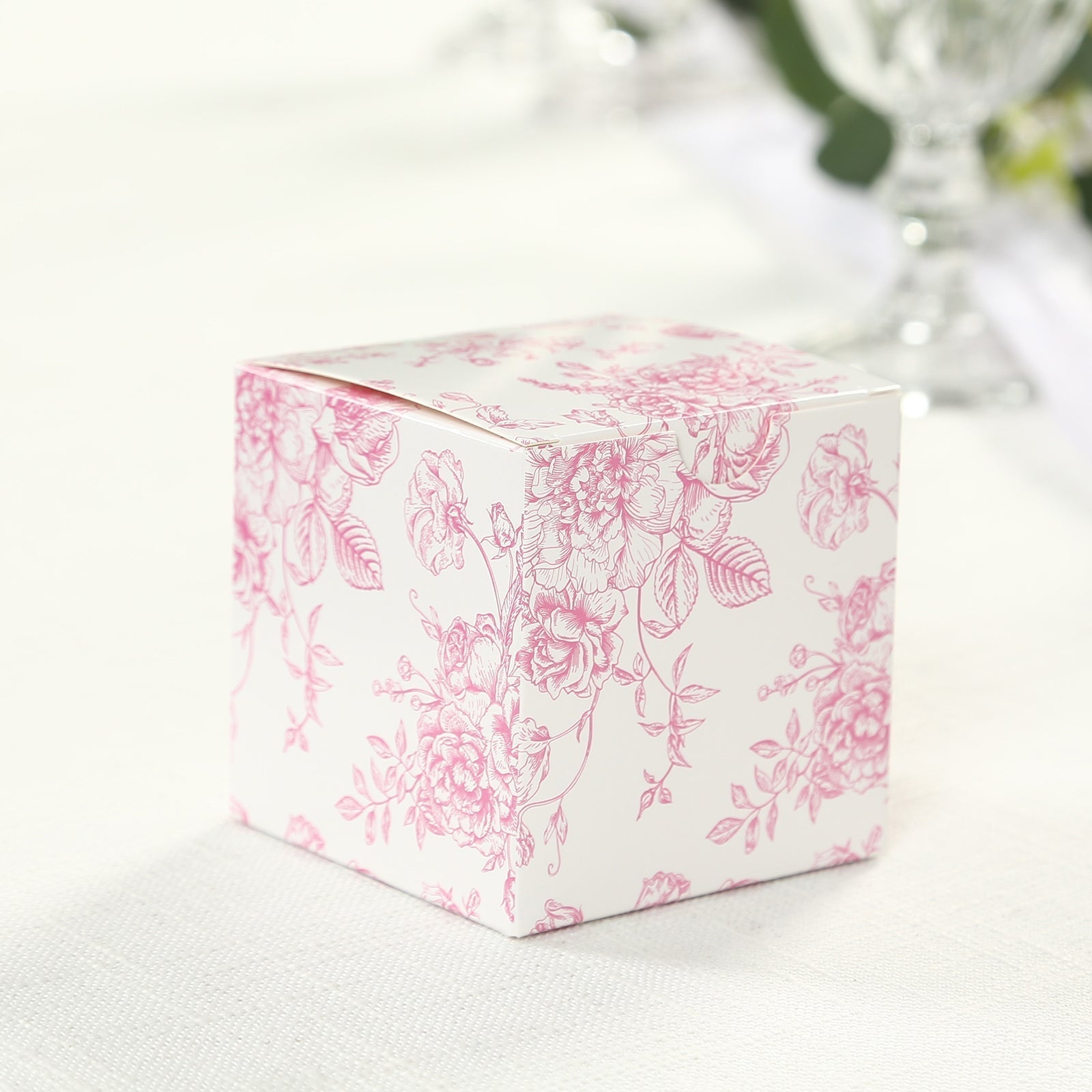 25 Pack Candy Treat Favor Boxes in French Toile Pattern - Matte Pink and White Party Gift Boxes, Cardstock Paper - 3"x3" - Bell Racket Store