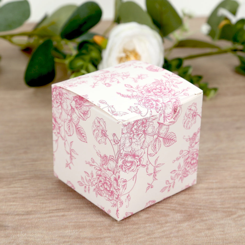 25 Pack Candy Treat Favor Boxes in French Toile Pattern - Matte Pink and White Party Gift Boxes, Cardstock Paper - 3"x3" - Bell Racket Store