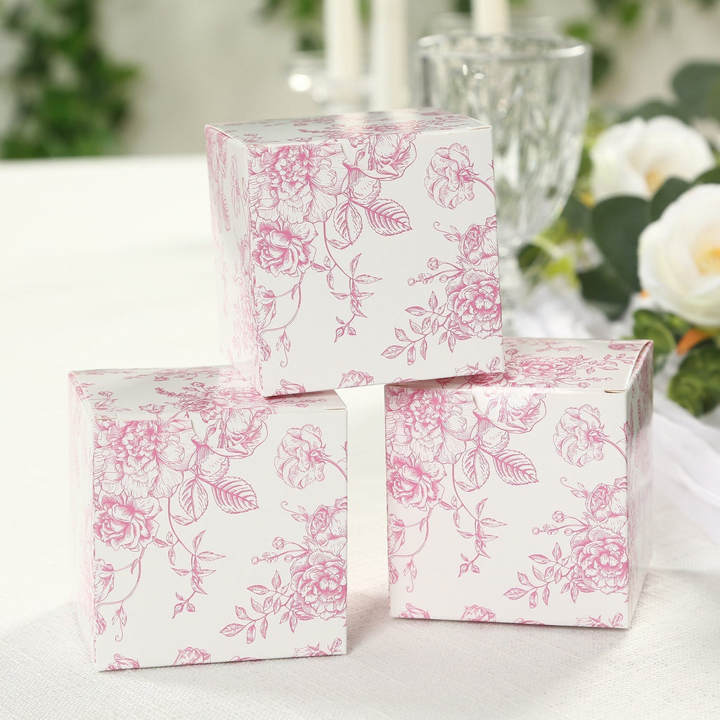 25 Pack Candy Treat Favor Boxes in French Toile Pattern - Matte Pink and White Party Gift Boxes, Cardstock Paper - 3"x3" - Bell Racket Store