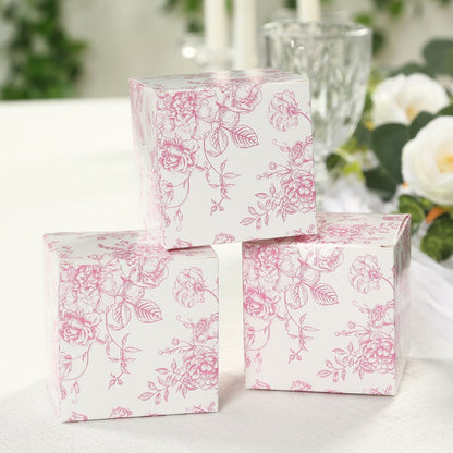 25 Pack Candy Treat Favor Boxes in French Toile Pattern - Matte Pink and White Party Gift Boxes, Cardstock Paper - 3"x3" - Bell Racket Store