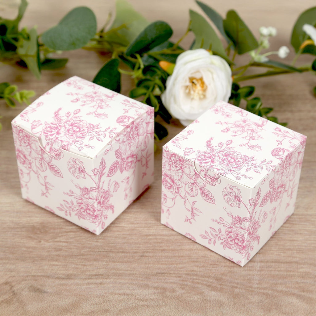 25 Pack Candy Treat Favor Boxes in French Toile Pattern - Matte Pink and White Party Gift Boxes, Cardstock Paper - 3"x3" - Bell Racket Store