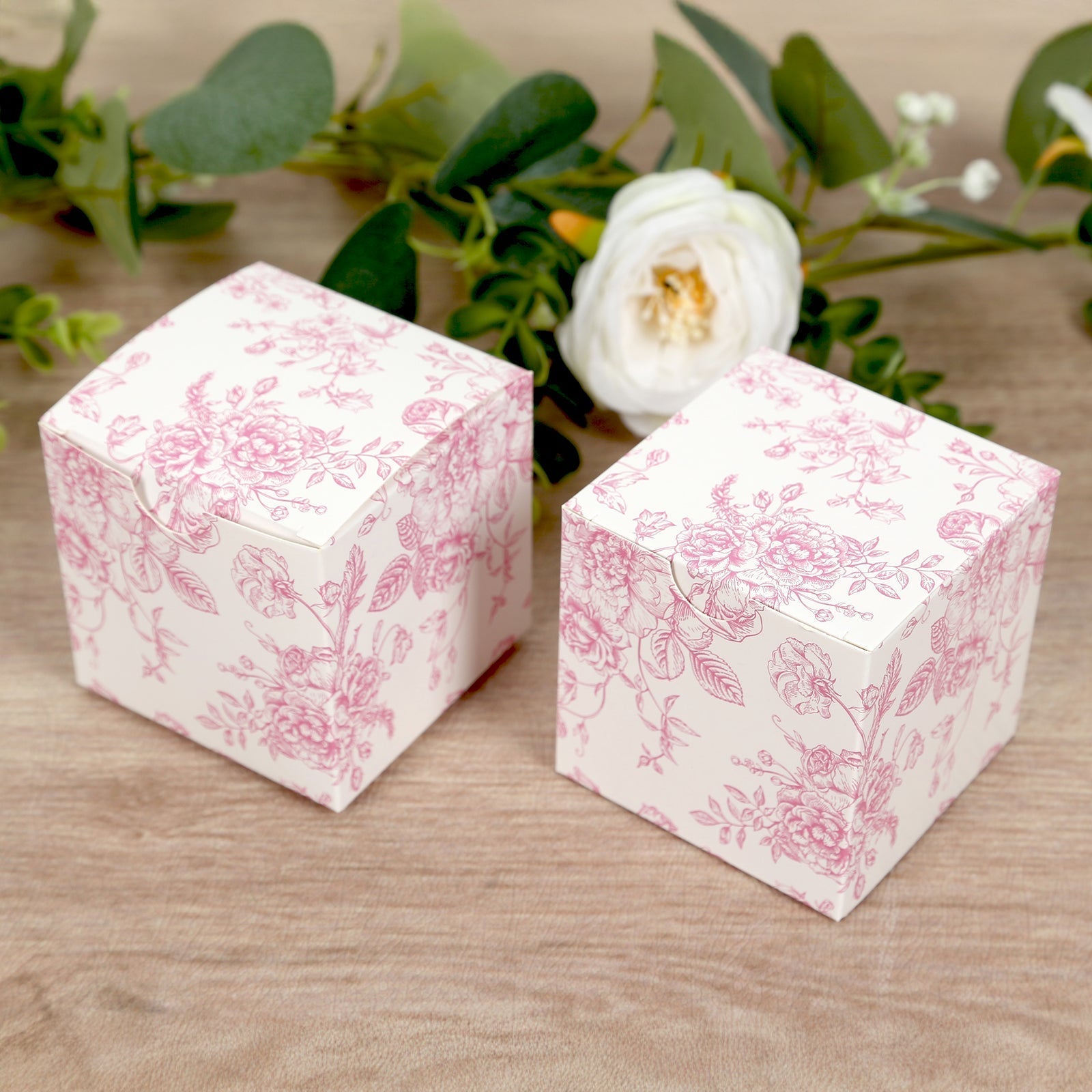 25 Pack Candy Treat Favor Boxes in French Toile Pattern - Matte Pink and White Party Gift Boxes, Cardstock Paper - 3"x3" - Bell Racket Store