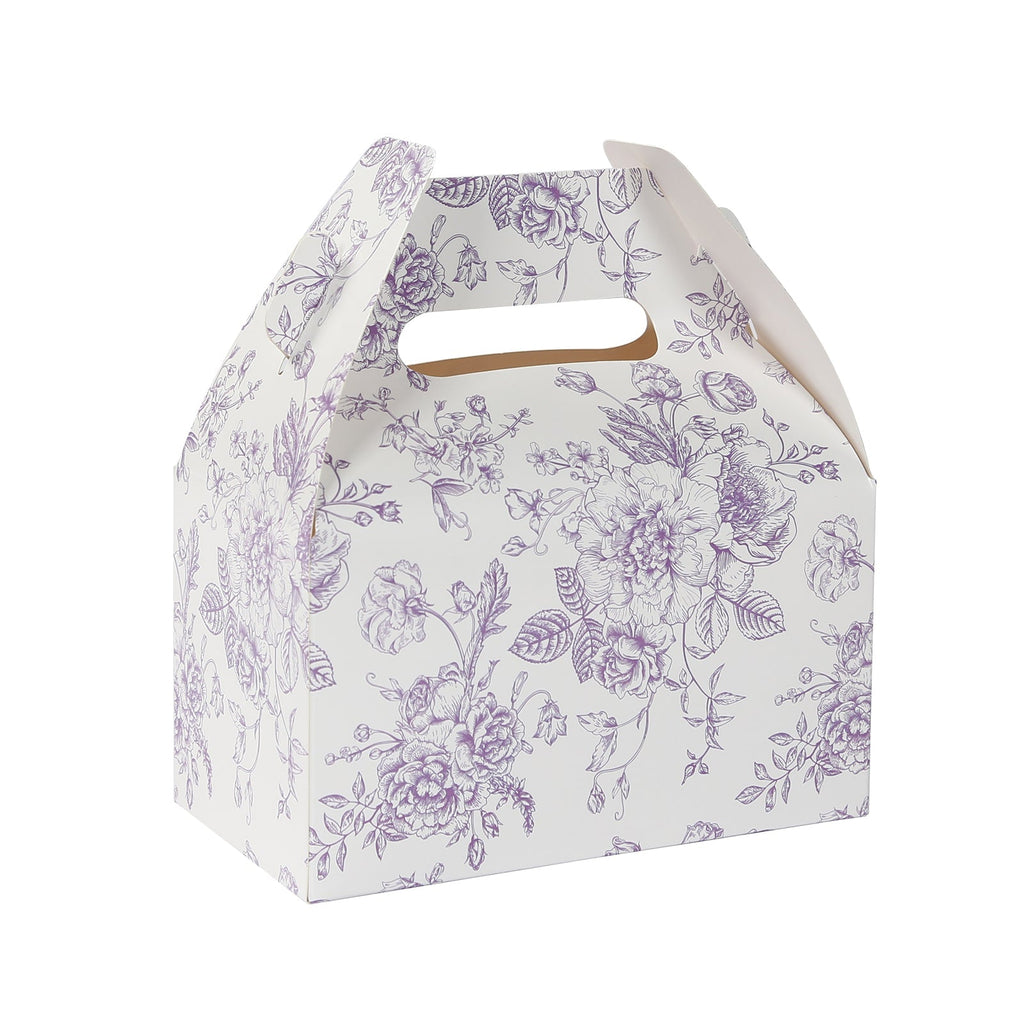 25 Pack Candy Treat Tote Boxes in French Toile Pattern - Matte Lavender and White Party Favor Gable Boxes, Cardstock Paper - 6"x3.5"x7" - Bell Racket Store