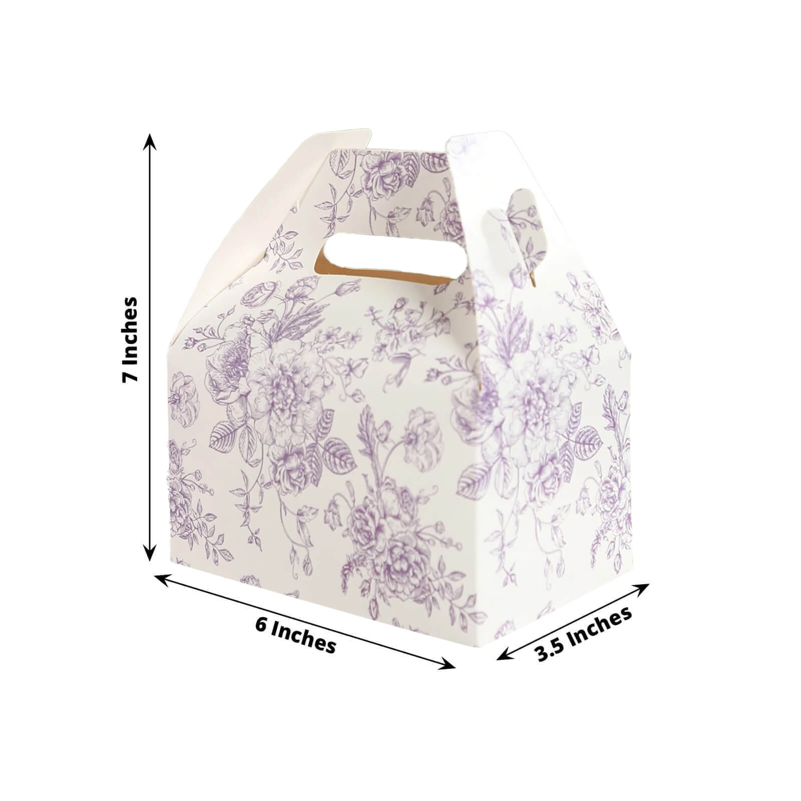 25 Pack Candy Treat Tote Boxes in French Toile Pattern - Matte Lavender and White Party Favor Gable Boxes, Cardstock Paper - 6"x3.5"x7" - Bell Racket Store