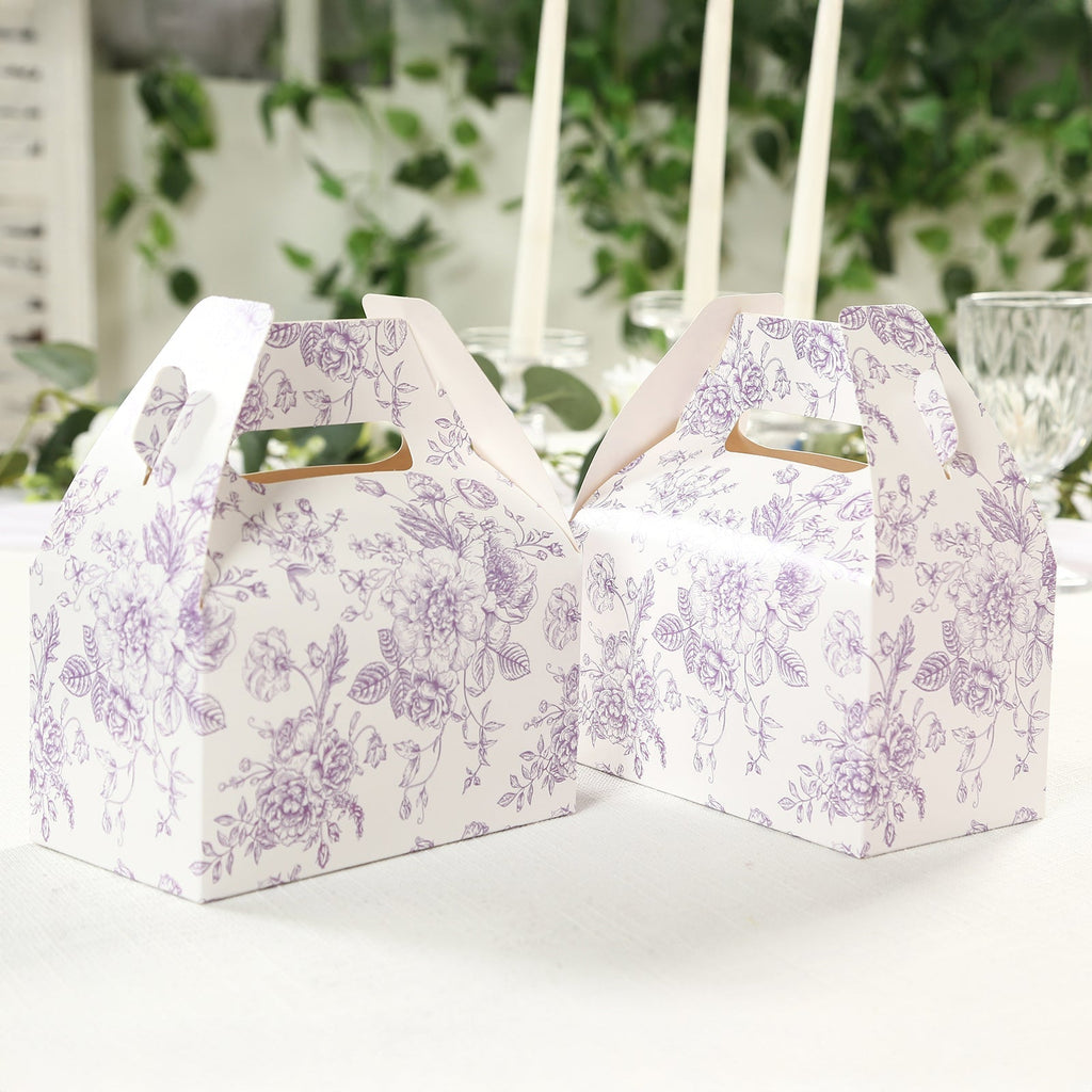 25 Pack Candy Treat Tote Boxes in French Toile Pattern - Matte Lavender and White Party Favor Gable Boxes, Cardstock Paper - 6"x3.5"x7" - Bell Racket Store