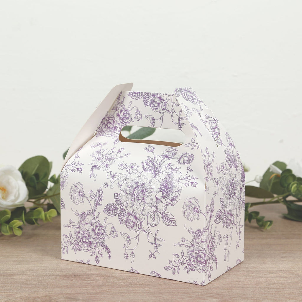 25 Pack Candy Treat Tote Boxes in French Toile Pattern - Matte Lavender and White Party Favor Gable Boxes, Cardstock Paper - 6"x3.5"x7" - Bell Racket Store