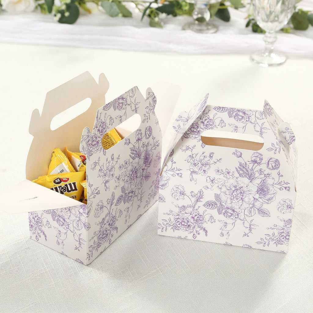 25 Pack Candy Treat Tote Boxes in French Toile Pattern - Matte Lavender and White Party Favor Gable Boxes, Cardstock Paper - 6"x3.5"x7" - Bell Racket Store