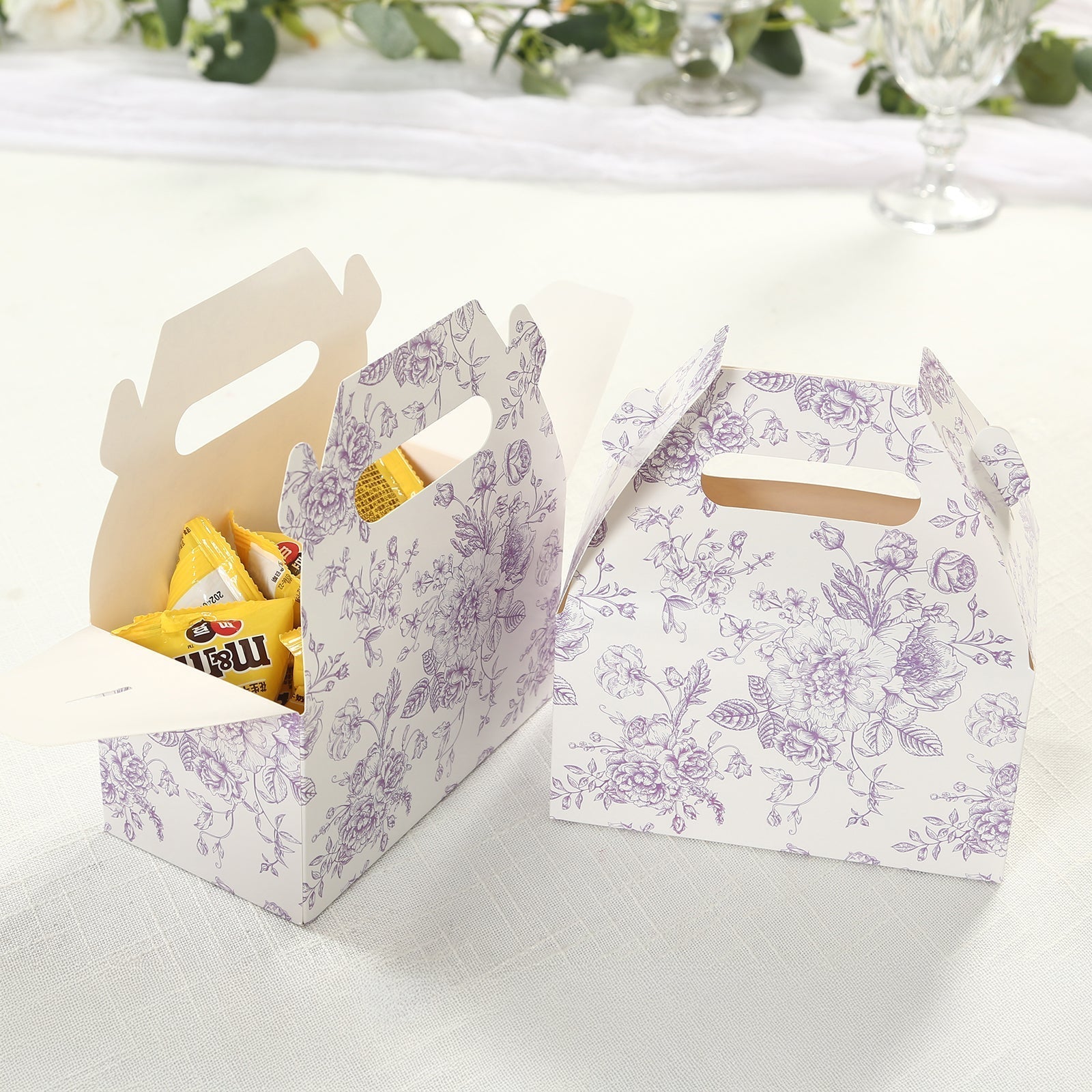 25 Pack Candy Treat Tote Boxes in French Toile Pattern - Matte Lavender and White Party Favor Gable Boxes, Cardstock Paper - 6"x3.5"x7" - Bell Racket Store