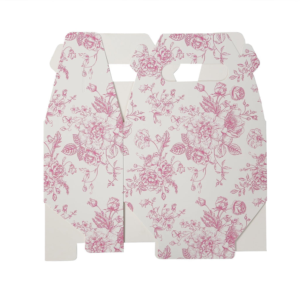 25 Pack Candy Treat Tote Boxes in French Toile Pattern - Matte Pink and White Party Favor Gable Boxes, Cardstock Paper - 6"x3.5"x7" - Bell Racket Store