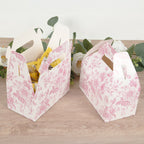 25 Pack Candy Treat Tote Boxes in French Toile Pattern - Matte Pink and White Party Favor Gable Boxes, Cardstock Paper - 6"x3.5"x7" - Bell Racket Store