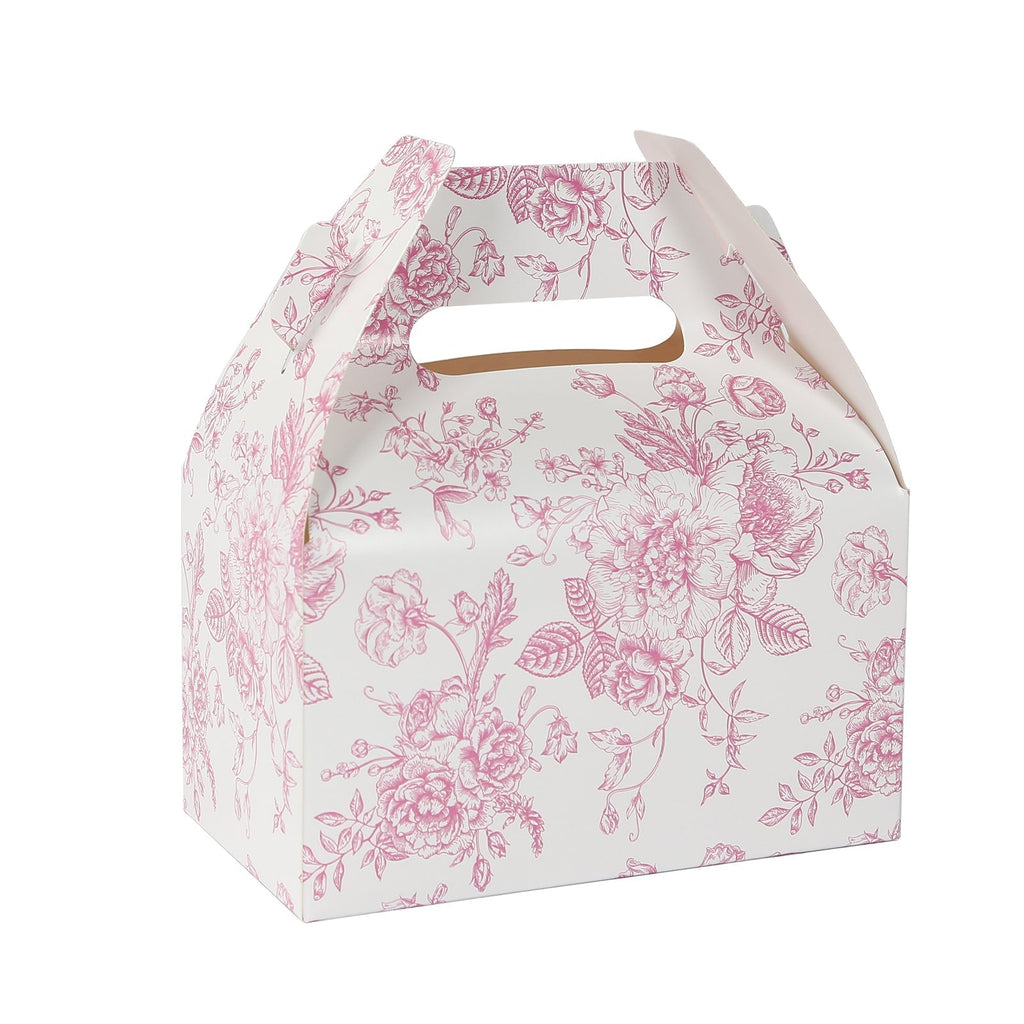 25 Pack Candy Treat Tote Boxes in French Toile Pattern - Matte Pink and White Party Favor Gable Boxes, Cardstock Paper - 6"x3.5"x7" - Bell Racket Store