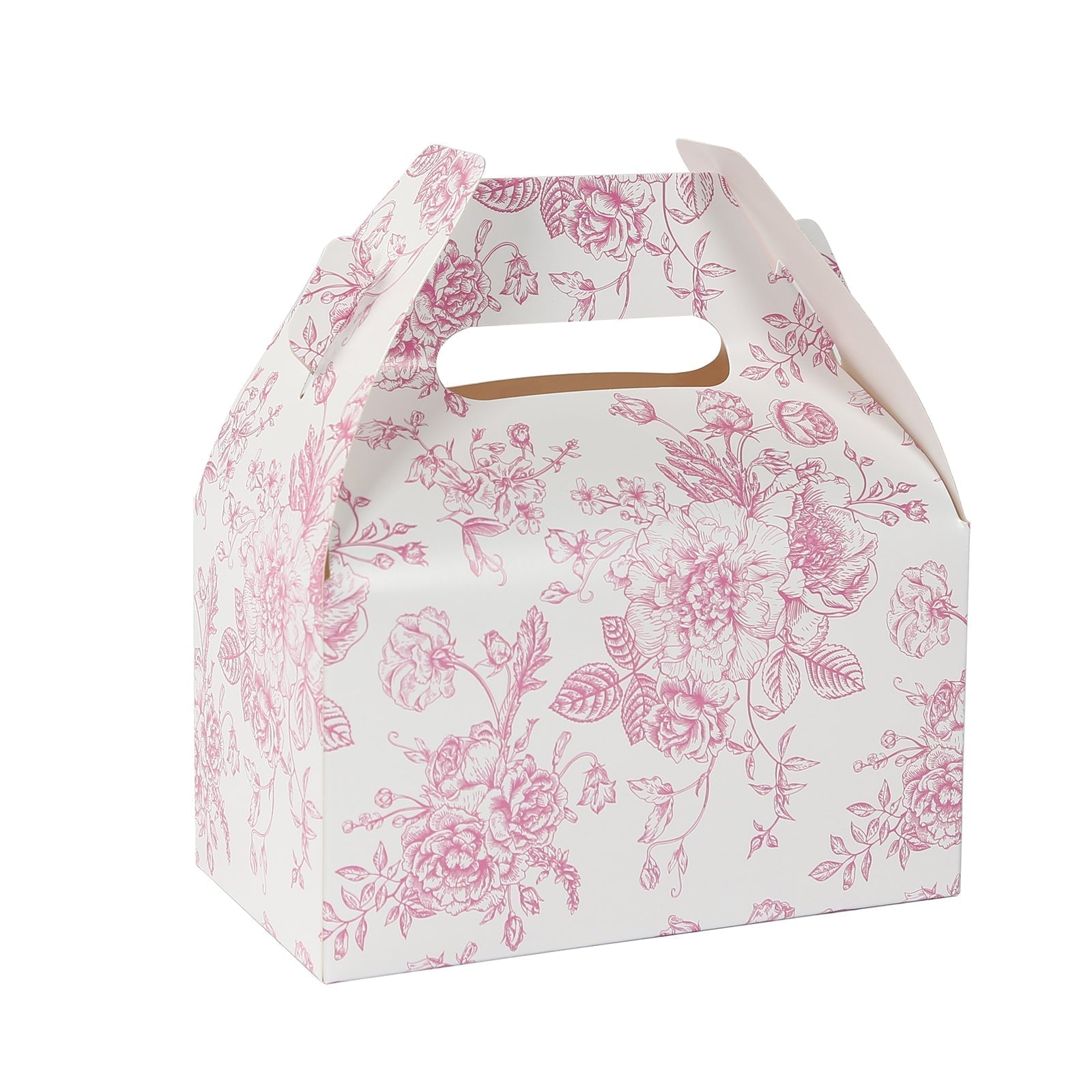 25 Pack Candy Treat Tote Boxes in French Toile Pattern - Matte Pink and White Party Favor Gable Boxes, Cardstock Paper - 6"x3.5"x7" - Bell Racket Store