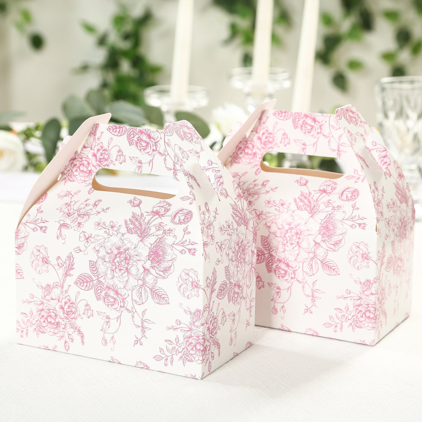 25 Pack Candy Treat Tote Boxes in French Toile Pattern - Matte Pink and White Party Favor Gable Boxes, Cardstock Paper - 6"x3.5"x7" - Bell Racket Store