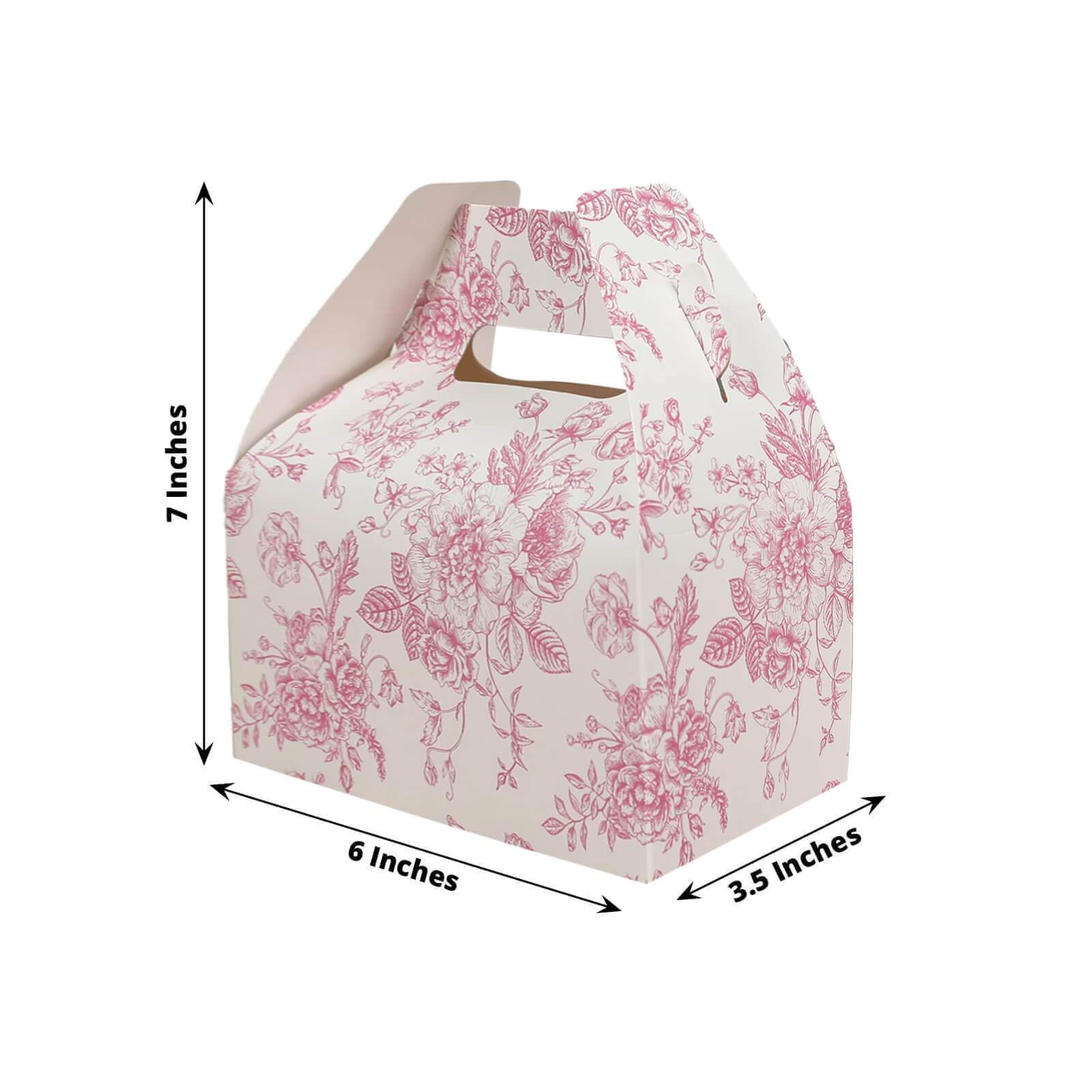 25 Pack Candy Treat Tote Boxes in French Toile Pattern - Matte Pink and White Party Favor Gable Boxes, Cardstock Paper - 6"x3.5"x7" - Bell Racket Store