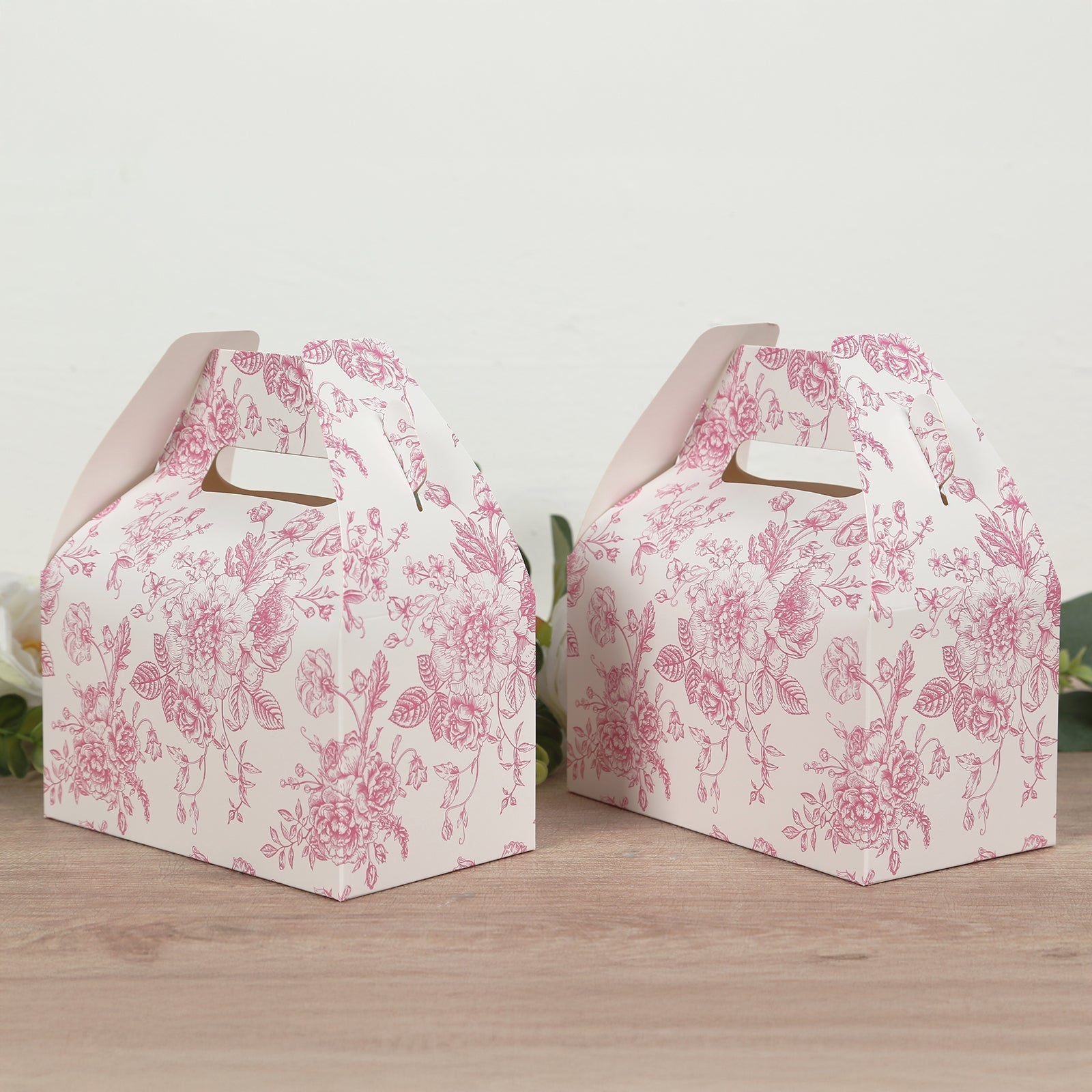 25 Pack Candy Treat Tote Boxes in French Toile Pattern - Matte Pink and White Party Favor Gable Boxes, Cardstock Paper - 6"x3.5"x7" - Bell Racket Store