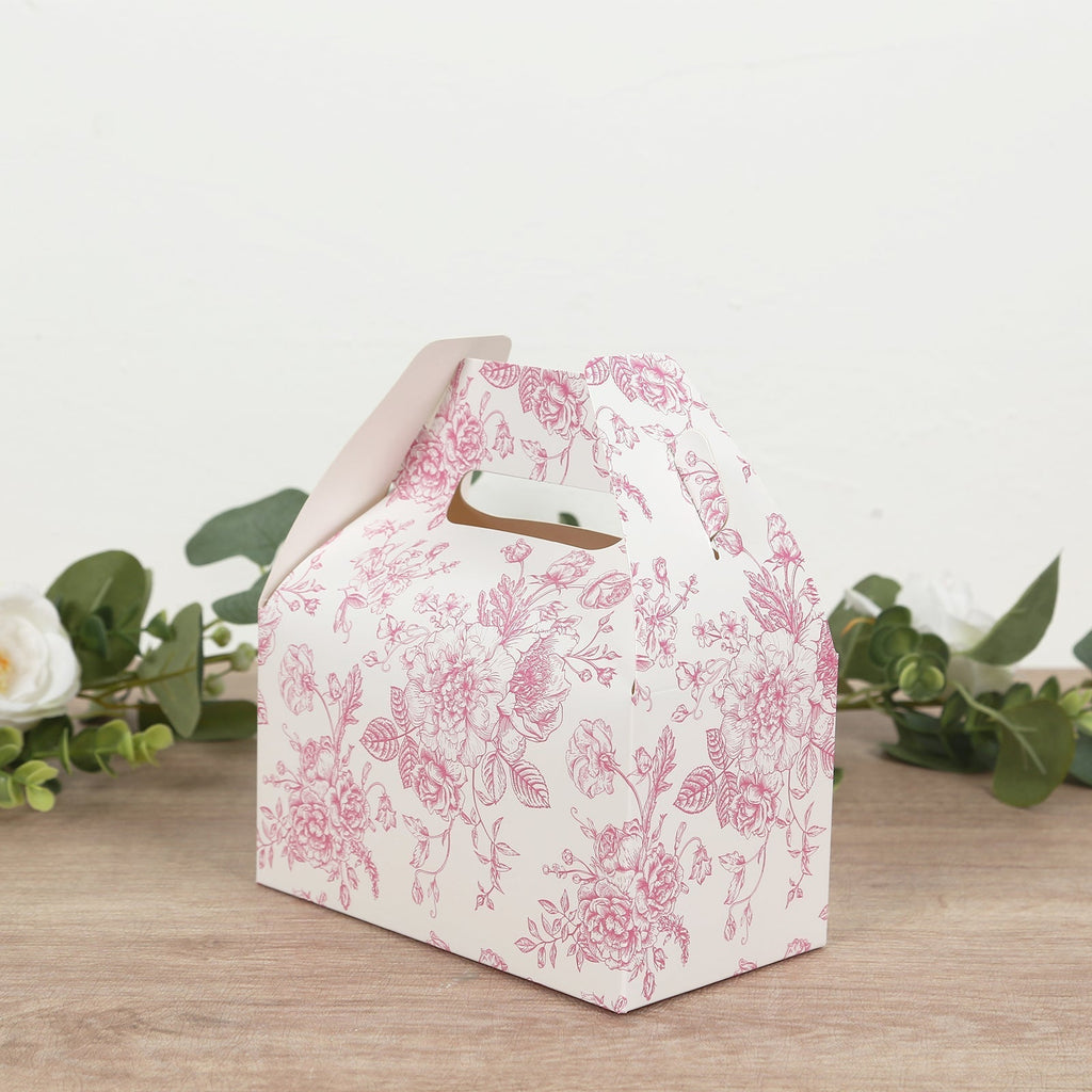 25 Pack Candy Treat Tote Boxes in French Toile Pattern - Matte Pink and White Party Favor Gable Boxes, Cardstock Paper - 6"x3.5"x7" - Bell Racket Store