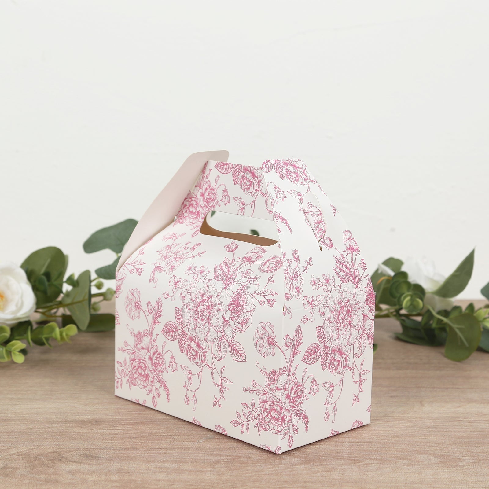 25 Pack Candy Treat Tote Boxes in French Toile Pattern - Matte Pink and White Party Favor Gable Boxes, Cardstock Paper - 6"x3.5"x7" - Bell Racket Store