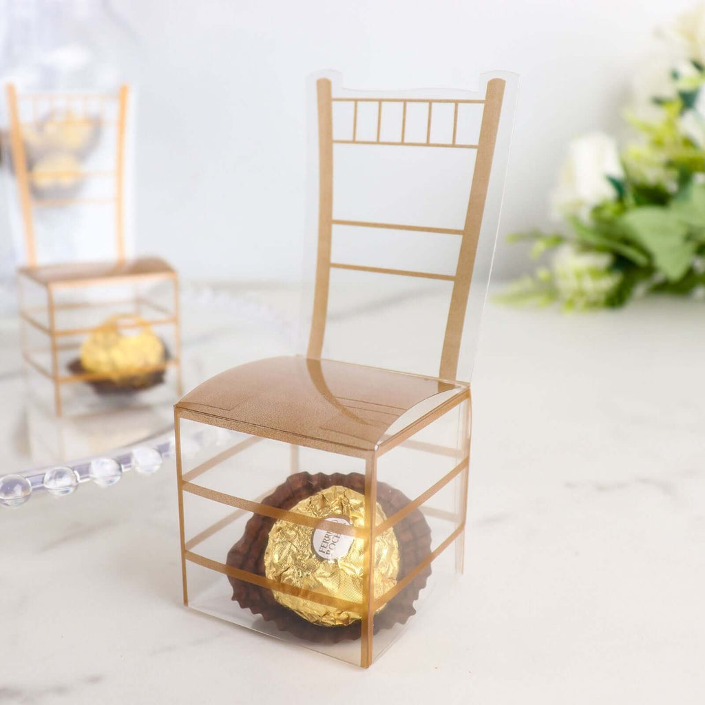 25 Pack Clear and Gold PVC Chiavari Chair - Shaped Party Favor Candy Gift Boxes - 2"x5" - Bell Racket Store