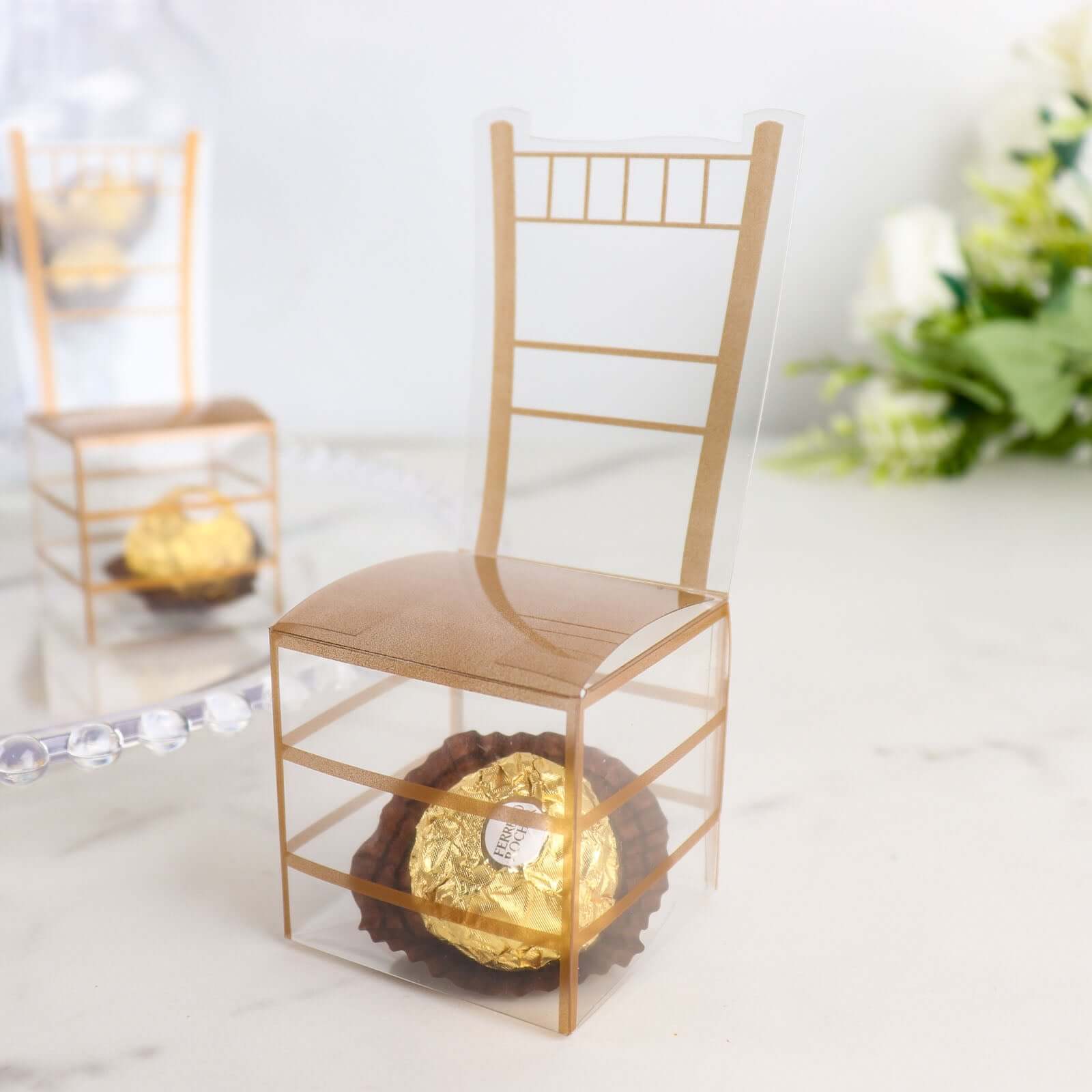 25 Pack Clear and Gold PVC Chiavari Chair - Shaped Party Favor Candy Gift Boxes - 2"x5" - Bell Racket Store