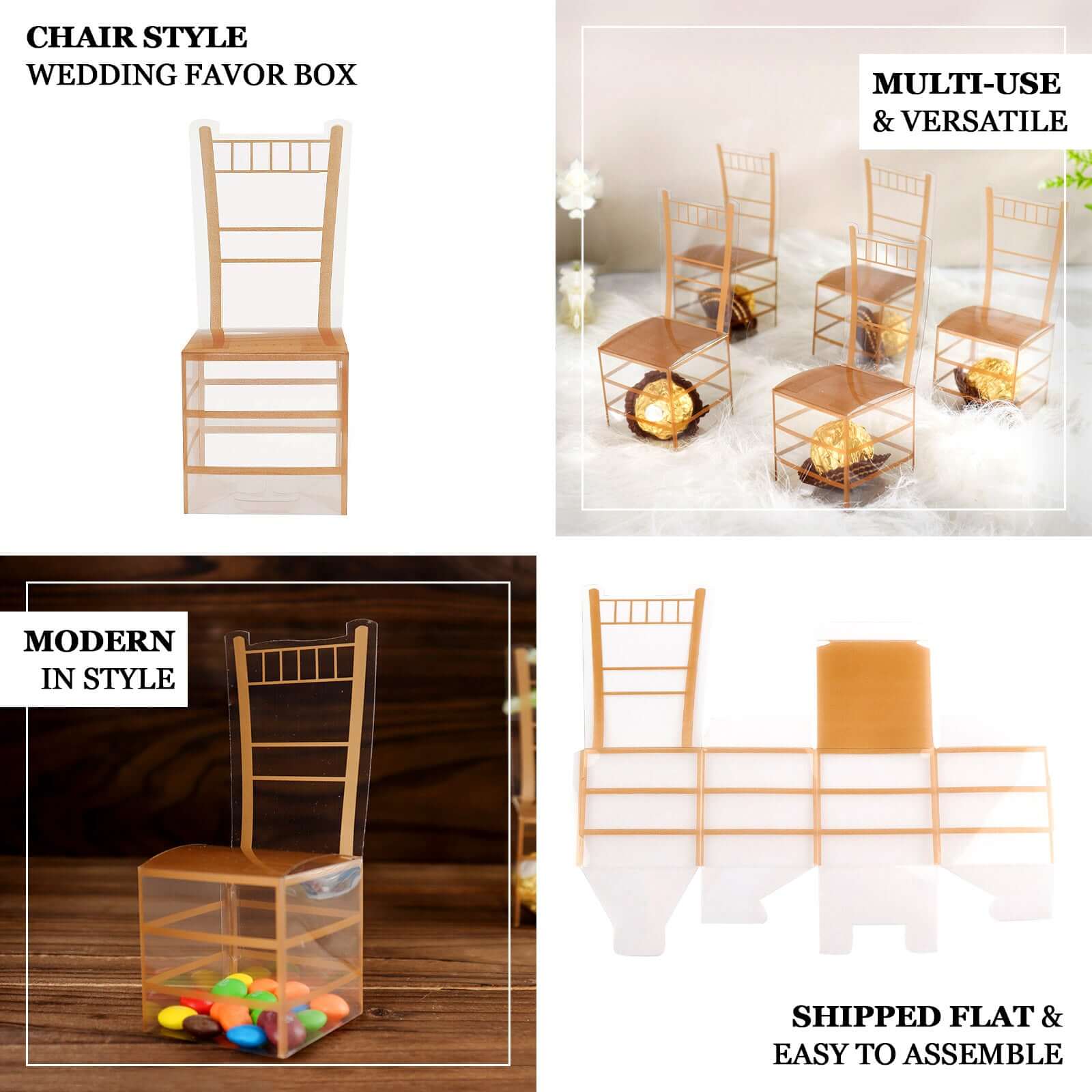25 Pack Clear and Gold PVC Chiavari Chair - Shaped Party Favor Candy Gift Boxes - 2"x5" - Bell Racket Store