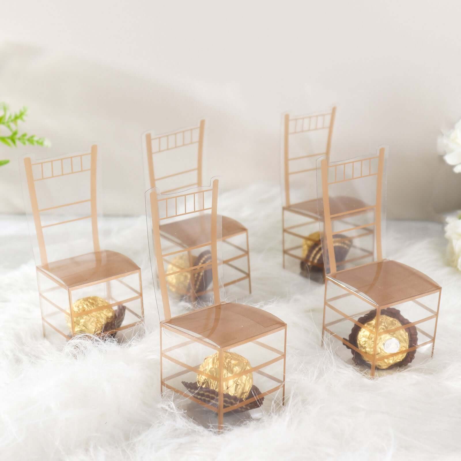 25 Pack Clear and Gold PVC Chiavari Chair - Shaped Party Favor Candy Gift Boxes - 2"x5" - Bell Racket Store