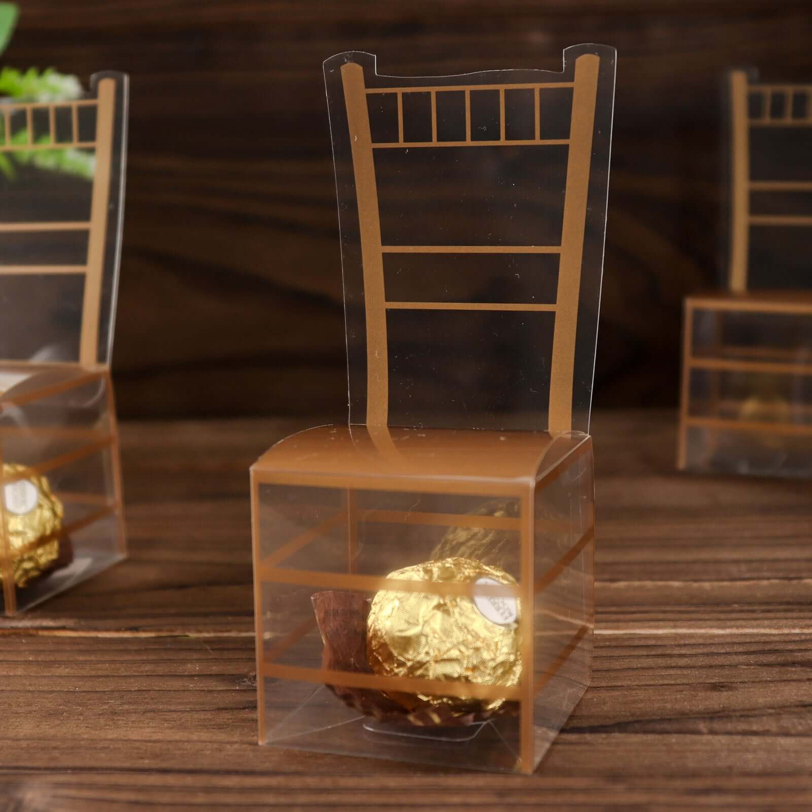 25 Pack Clear and Gold PVC Chiavari Chair - Shaped Party Favor Candy Gift Boxes - 2"x5" - Bell Racket Store