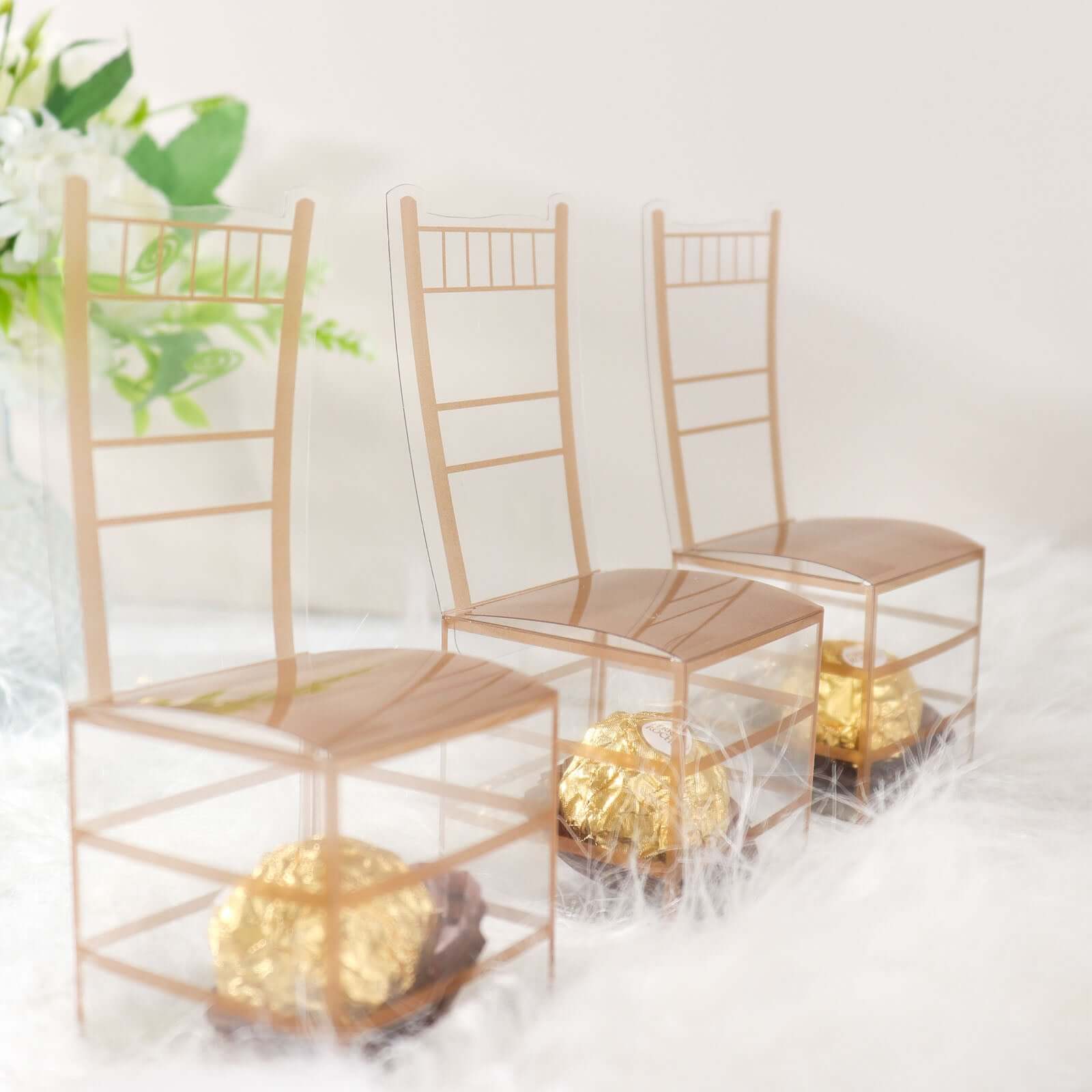 25 Pack Clear and Gold PVC Chiavari Chair - Shaped Party Favor Candy Gift Boxes - 2"x5" - Bell Racket Store