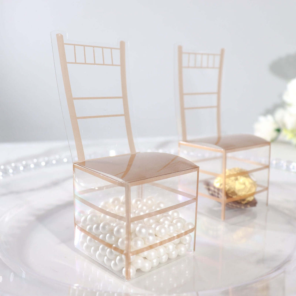 25 Pack Clear and Gold PVC Chiavari Chair - Shaped Party Favor Candy Gift Boxes - 2"x5" - Bell Racket Store