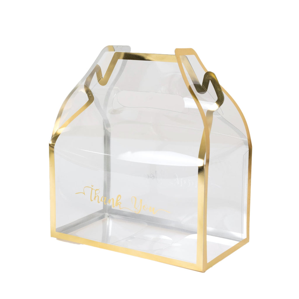25 Pack Clear PVC Tote Gift Boxes with Gold Trim, Transparent Gable Candy Favor Boxes with Thank You Design - 6"x3.5"x7" - Bell Racket Store