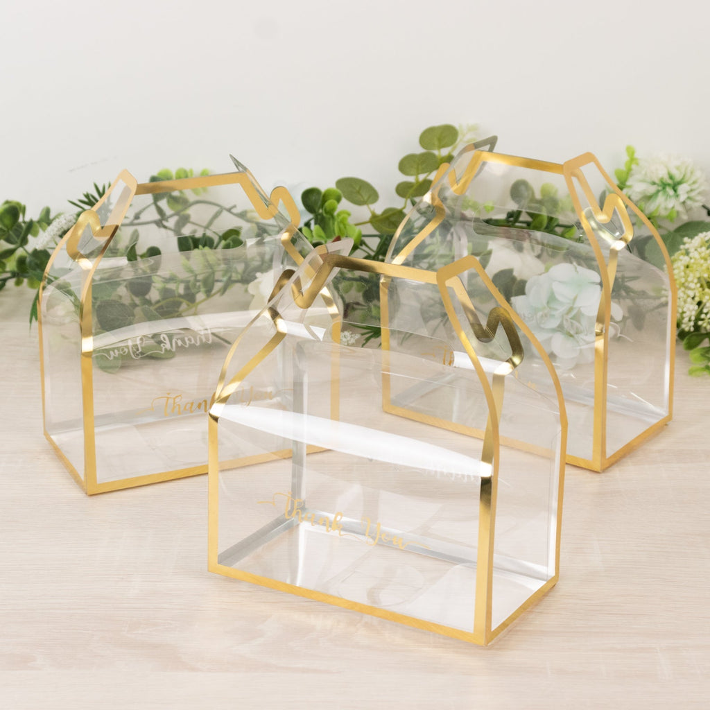 25 Pack Clear PVC Tote Gift Boxes with Gold Trim, Transparent Gable Candy Favor Boxes with Thank You Design - 6"x3.5"x7" - Bell Racket Store