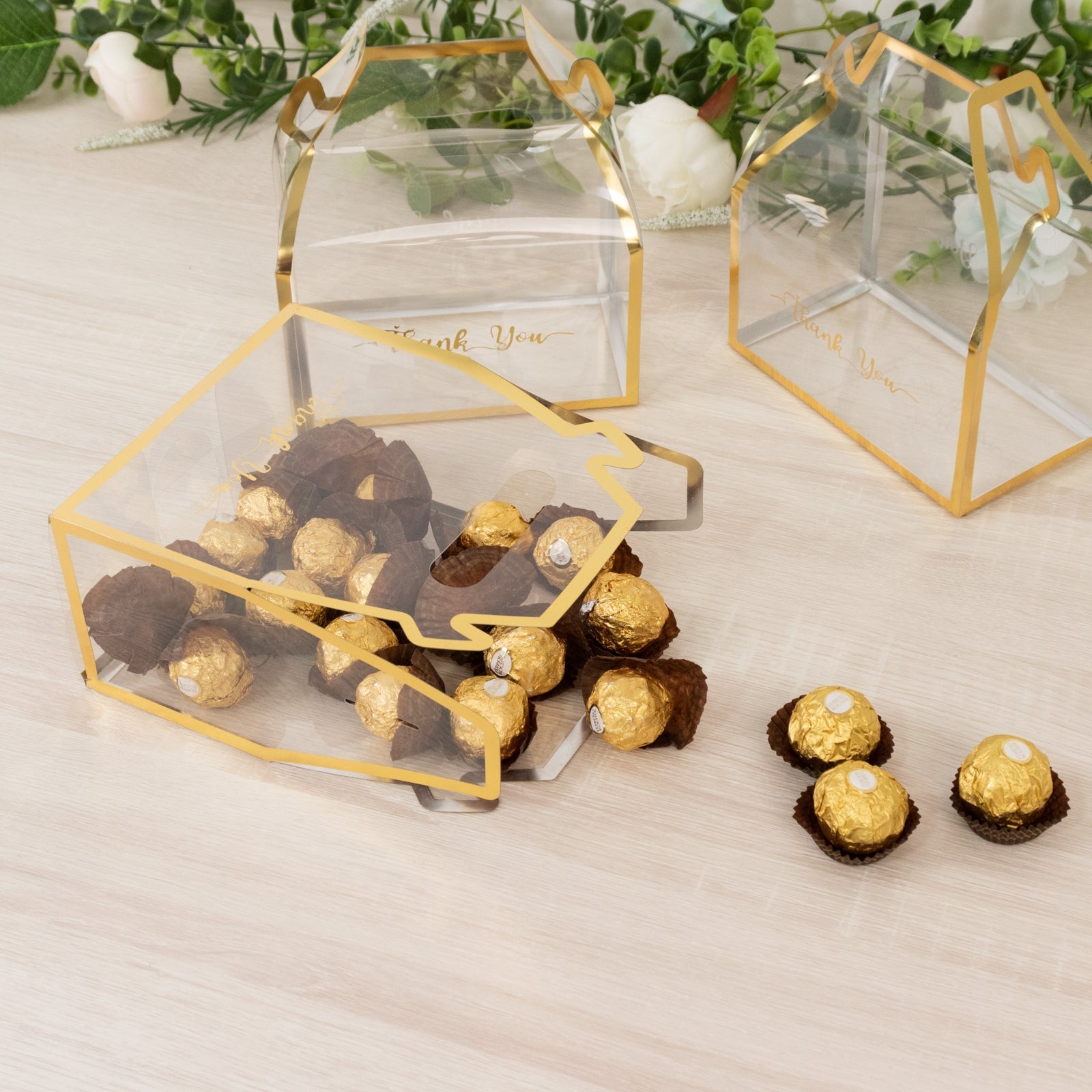 25 Pack Clear PVC Tote Gift Boxes with Gold Trim, Transparent Gable Candy Favor Boxes with Thank You Design - 6"x3.5"x7" - Bell Racket Store